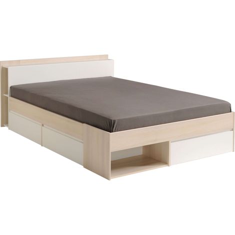 Cama de Matrimonio 135‑140×190/200 cm Acacia y Blanco con Almacenaje y Cajones
