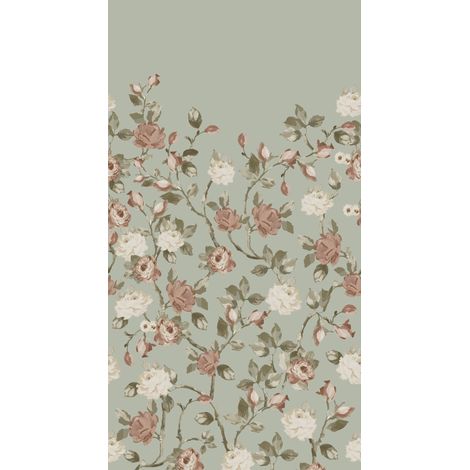 Papier peint panoramique fleurs vintage vert menthe grisé vieux rose – 150 x 279 cm – Papier intissé écologique – Pose facile sans table – Estahome (1/5)