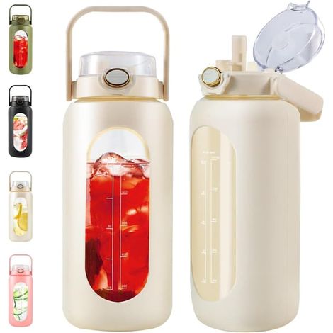 Bouteille d'eau en verre de 2 litres avec paille et poignée - Gourde de 1,9 litre avec graduation du temps et étui en silicone - XF20 (1/5)