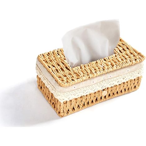 Dekorative, weiße, handgeflochtene Taschentuchbox aus Rattan, rechteckig, im Retro-Stil