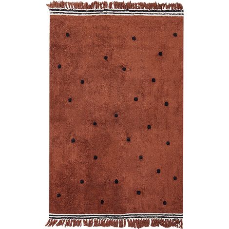 Tappeto moderno in cotone marrone con pois neri e frange rettangolare 140 x 200 cm Laza