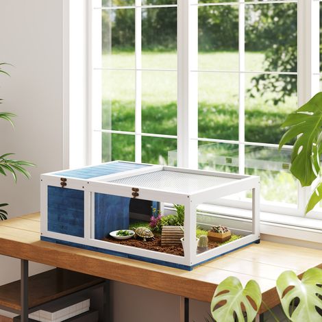 Enclos en bois de la maison de la tortue avec maisons principales : dessus articulé 91x60,5x32 cm - bleu - Pratique