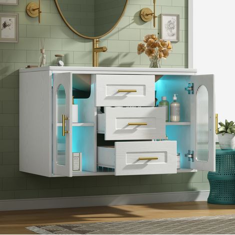 Mueble de baño con lavabo 76 cm blanco efecto madera, LED, suspendido OKMYHOME (1/5)