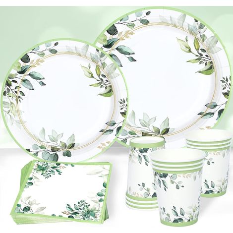 Vaisselle Jetable Vert Sauge - 96 Pièces - Carton Écologique - Assiettes Gobelets Serviettes - Anniversaire Mariage Baby Shower - 24 Invités (1/5)