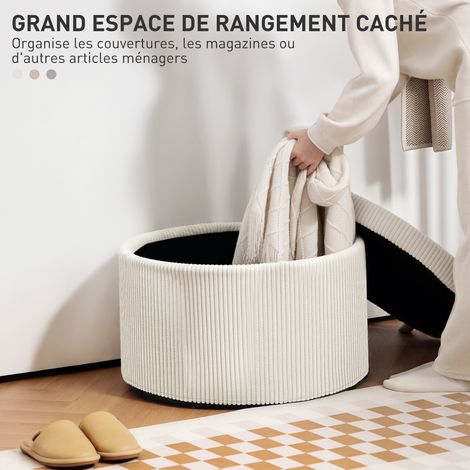 Pouf coffre velours côtelé 120 kg Ø60x41 cm beige