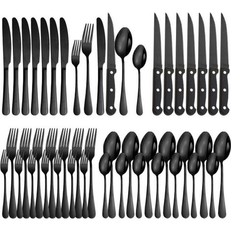 Cellfast – Ménagère 48 pièces en acier inoxydable poli miroir – Service pour 8 personnes avec couteaux à steak – Ensemble de couverts noir