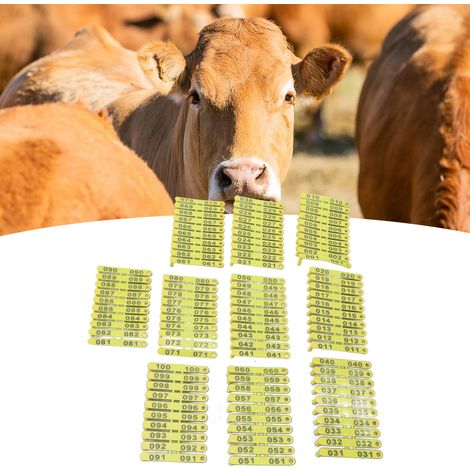 100 crotales de plástico resistentes e integrados para ganado (números 001-100) para vacas, ovejas, cerdos, cabras y pastos. (1/5)