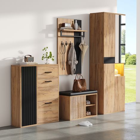Ensemble de rangement mural 4 pièces : penderie, armoire à chaussures, banc avec rangement et porte-manteau, bois naturel et noir, dimensions 215x36x190 cm (L×H×P). (1/5)