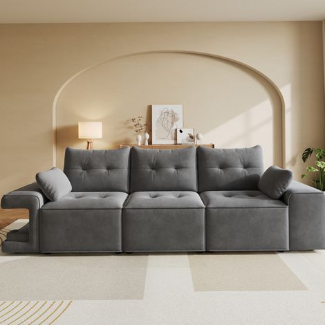 Canapé 3 places 229,5x78x84 cm en velours gris avec rangement, niches pour animaux et 2 coussins (1/5)