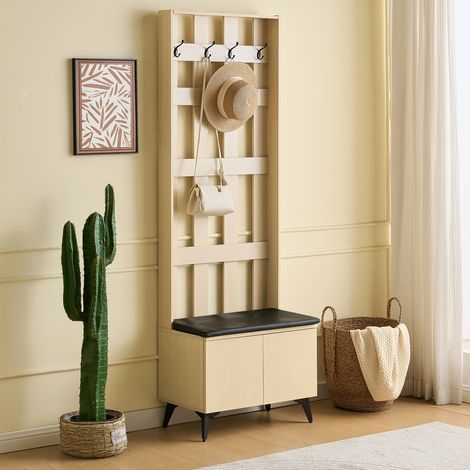 Ensemble vestiaire d'entrée 60x35x179.5 cm - Avec banc - Avec 4 crochets - 2 portes - Pieds en acier noir - Naturel (1/5)
