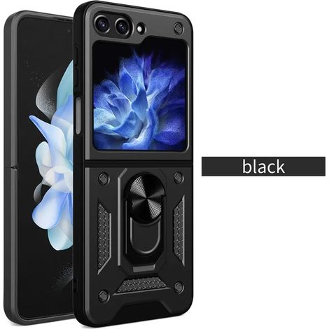 (Noir, Galaxy Z Flip4) Étui de protection antichoc avec support de bague et poignée antidérapante. (1/5)