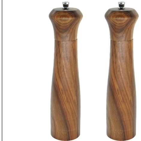 Moulin à sel et à poivre - Moulins à sel et à poivre réglables en bois d'acacia avec noyau de broyage en céramique - Lot de 2 moulins de 20 cm en bois d'acacia (1/4)