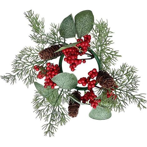 Couronnes de Noël avec bougies, baies rouges et pommes de pin, pour centre de table (4 pièces) (1/5)