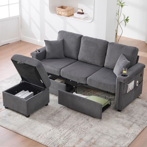 Canapé en velours haut de gamme gris foncé avec éclairage LED et port USB-C, repose-pieds avec rangement, porte-gobelets et poches latérales. Qualité premium pour salon, chambre et bureau. (1/5)