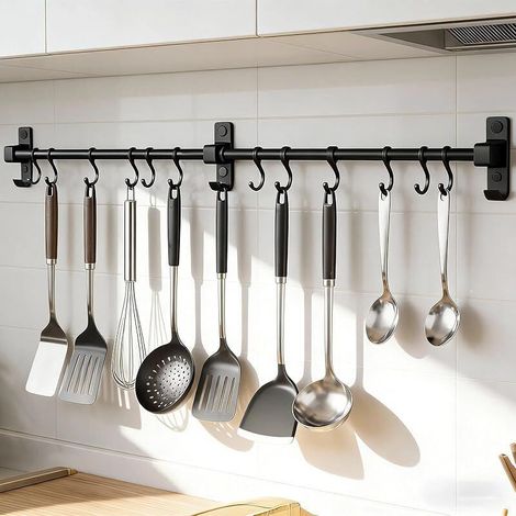 Barre de suspension pour ustensiles de cuisine de 80 cm, support mural en aluminium avec 12 crochets mobiles et multifonctionnels, pour cuillères, planches à découper, ciseaux, etc. (1/5)