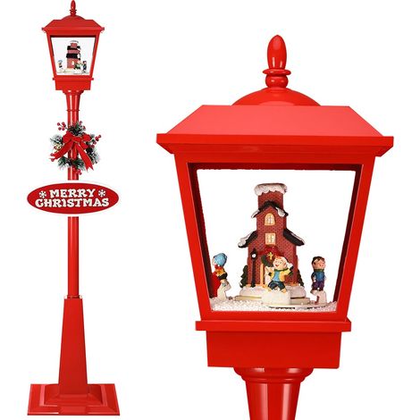 Lampione Natale con Luce LED Scena Natalizia Motorizzata Neve Musica 180cm Rosso (1/5)