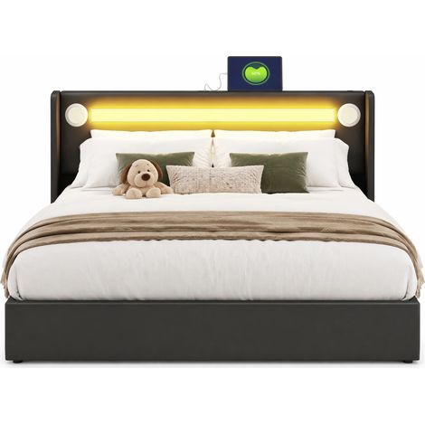 Cama con Almacenaje Doble 160 x 200 cm con LED, Bluetooth y 2 Puertos USB, sin Colchón, Negra (1/5)