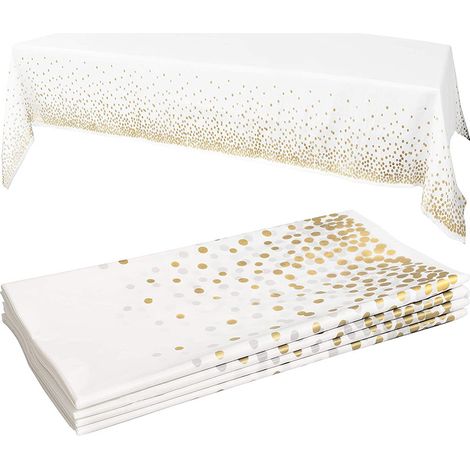 Lot de 4 nappes jetables 137 x 274 cm, nappe en plastique doré et blanc, nappe rectangulaire, nappe de jardin pour hôtellerie, fête, mariage, barbecue, pique-nique