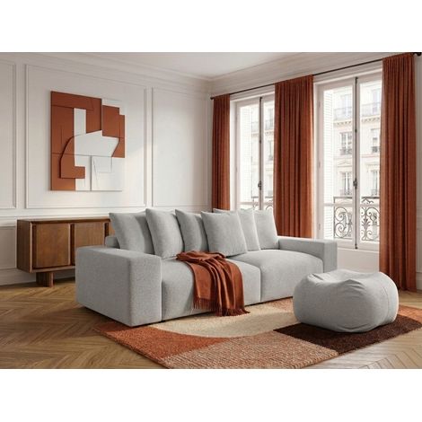 BOBOCHIC - Canapé droit fixe 4 places VOLTAIRE tissu chiné avec pouf   Gris clair (1/5)