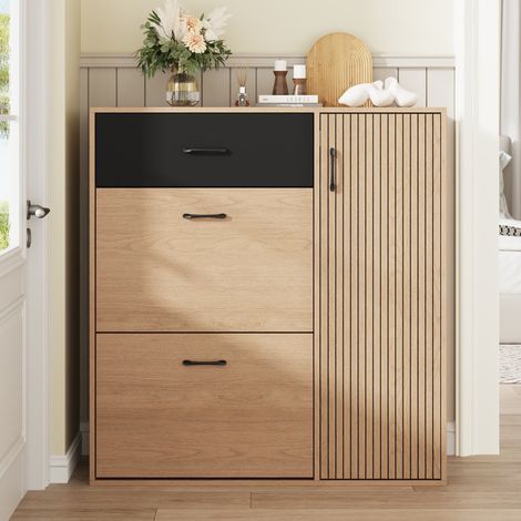 Scarpiera salvaspazio 100x35x106 cm - mobile porta scarpe con 2 ante a ribalta 1 cassetto e battente per ingresso corridoio - legno mdf - naturale e nero (1/5)