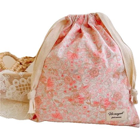 Bolsa de algodón con cordón, diseño floral hecho a mano, organizador multiusos, H (1/2)