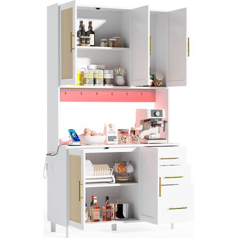 Küchenbuffet mit 3 Schubladen, 3 Türen, 2 Verstellbaren Einlegeböden, LED, Steckdosen und USB in MDF Weiß