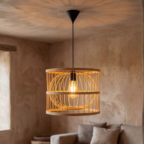 Hängelampe rund Ø 30 cm E27 Boho Design Bambus Korbschirm Pendelleuchte Esstisch