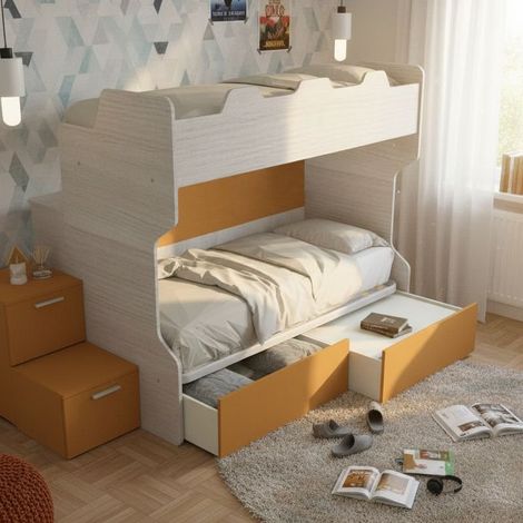 Letto a castello salvaspazio con scala a cassettoni e camminatoio - Rovere rock