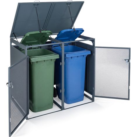 Cache Poubelle Exterieur 2 x 240 L, Abri Poubelle en Métal Galvanisé, avec 2 Portes Verrouillable, Couvercle Rabattable, 132 x 80 x 117 cm, Gris Foncé (1/5)