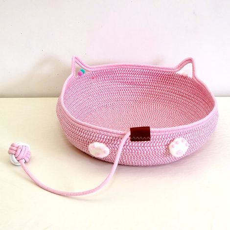 Cestino per gatti intrecciato (con orecchie), cuccia rosa per animali domestici in corda di cotone, per gatti da interno, cani di piccola taglia e conigli un grazioso cestino con pon-pon (1/5)