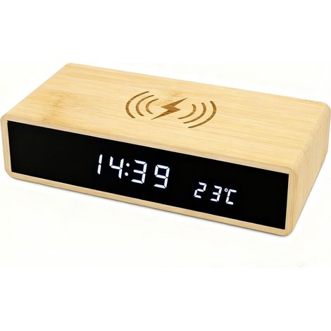 Réveil Numérique en Bois avec Station de Charge Rapide sans Fil, Horloge LED Bambou Multifonction