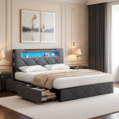 Cama doble 140x200 cm en gris, Estructura de cama 140x200 cm en metal y paneles, Cama para adultos con 4 cajones y LED, Somier, Terciopelo (1/5)