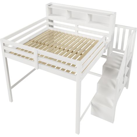 Letto a soppalco per bambini 140x200 cm bianco con LED, scala contenitore e ampio spazio sotto (1/5)