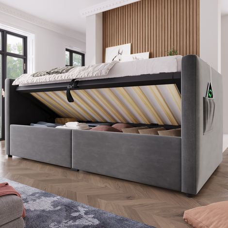 Lit canapé simple 90x190 cm velours gris avec rangement USB (1/5)