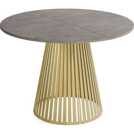 Esstisch Rund Ausziehbar mit Lamellen im Loft-Stil – 100 cm – Industrieller Tisch mit Goldenen Metallbeinen, Platzsparend – Beton-Optik Dunkelgrau