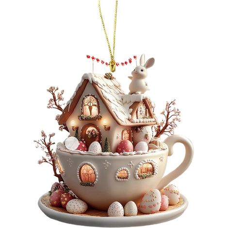 1Pc/5 pièces Pâques Coffee ventouse maison décorations Chocolate Mug lapin maison pendentif 2D acrylique Cocoa Mug printemps décoration pour la maison pour les fêtes décoration,E (1/5)
