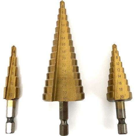 Beast Ensemble de 3 Forets Étagés HSS TiN avec Revêtement Titane - Diamètres 4-12, 4-20, 4-32 mm - Queue de 6,35 mm - Outils de Perçage de Précision (1/5)