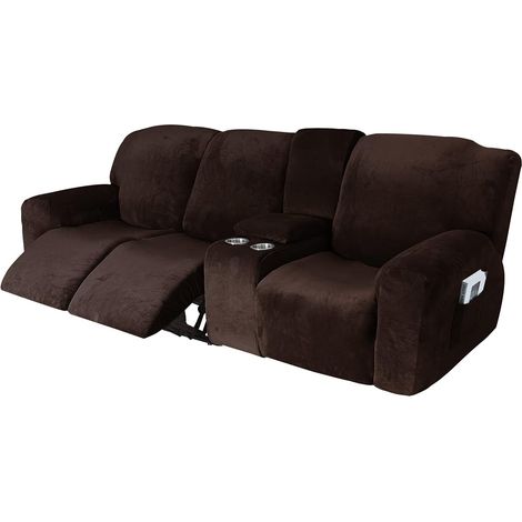 Soft stretch jacquard recliner chair cover with cup holder holes, machine washable furniture protector (3-seater, dark brown) (1/5)