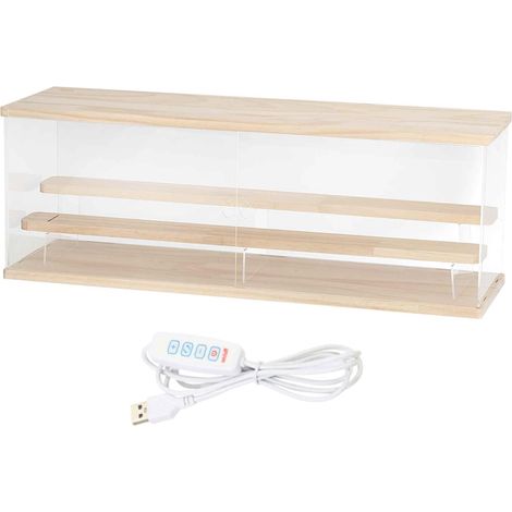 3-stöckige Acryl-Figurenvitrine, transparente Vitrinen für Sammlerstücke, Figuren, Modelle, Aufbewahrung zu Hause (mit quadratischer LED-Beleuchtung, 24 x 7 x 8 Zoll Holzsockel)