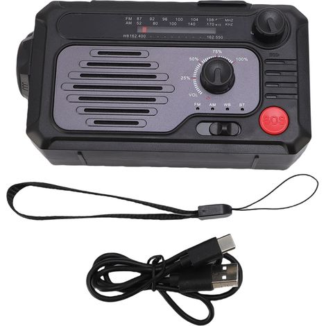 Radio d'Urgence Portable AM FM WB Manivelle Solaire Lampe LED Alarme SOS Batterie 2000mAh ABS Aluminium Compact pour Camping (1/5)
