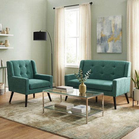 2-teiliges Sessel-Set für Wohnzimmer und Home Office, mit Hochdichtschaumkissen, Tufting, gepolstert, Retro Green (1/5)