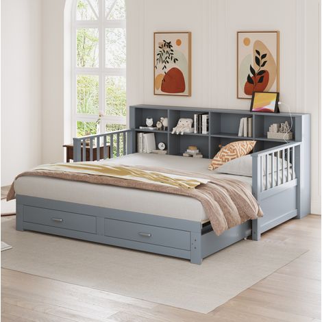DESVIAE Canapé lit gigogne multifonction en bois 90 x 190 cm avec lit extensible 180 x 190 cm rangement dossier prise intégrée 2 tiroirs sommier à lattes gris (1/5)
