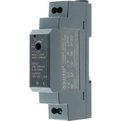 Alimentation pour rail DIN Sortie 12V DC 1,25 A 15W (Entrée 200-240 V AC 50/60 Hz) Bloc d'Alimentation/transformateur (1/5)