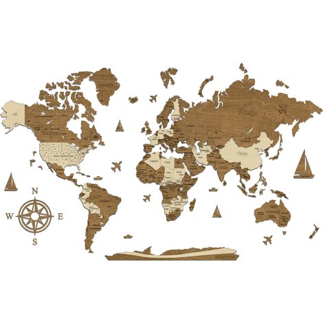 Mapa del mundo 3D de madera, modelo XVI, fronteras + nombres de países, capitales y estados, 120 x 75 cm (1/5)