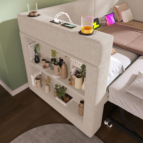 Polstertes Daybett, Einzelbett Schlafsofa mit Ausziehbett, Armlehnen mit USB- & Type-C-Ladeanschluss und Getränkehalter, Leinen-Mischgewebe, ohne Matratze.