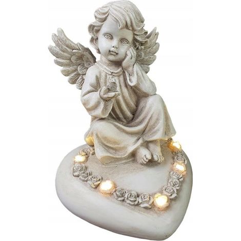 Engelskerze auf einem Herz, mit LED beleuchtet, für ein Grab, 18 cm (1/5)
