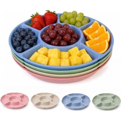 4 Pièces Plateau à Collations, Plateaux à Compartiments Circulaire, Plateau à Snack Colorées Reutilisable, Rond Assiette de Fruits avec 5 Compartiments, pour Desserts, Bonbons, Fruits Secs (1/5)
