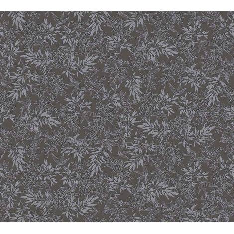 Papier peint feuillage gris sur fond noir Tapisserie florale à feuilles Papier peint style botanique idéal pour chambre (1/4)