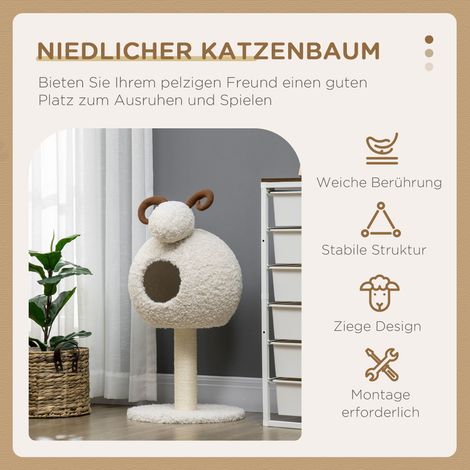 Arbre à chat design mouton avec cabane et griffoir, coussin déhoussable lavable, blanc crème et marron