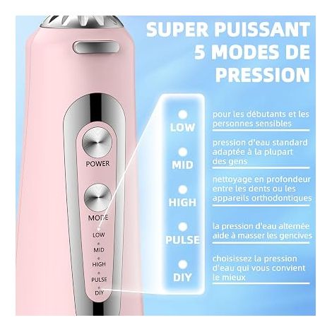 Jet Dentaire Hydropulseur Portable, Jet Dentaire Sans Fil Rechargeable avec 5 Mode set 6 Buses Capacité de 300 ML IPX7 Étanche Pour La Maison et Les Voyages Mm (1/3)